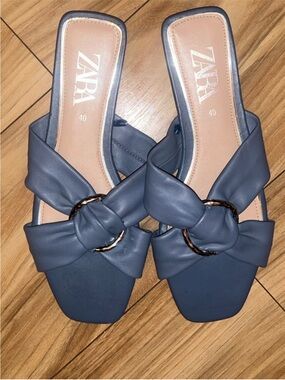 Zara Dusty Blue Knotted Slide Sandals with Gold Ring